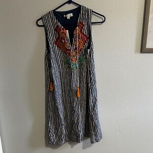 Striped Sleeveless Dress with Embroidered Detail